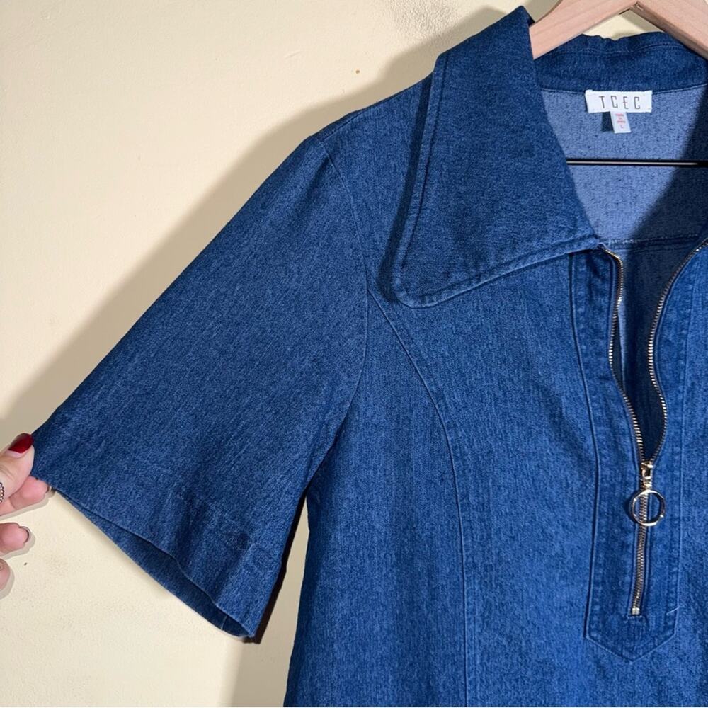 TCEC Dark Blue Denim Jacket quarter zip mini dress with collar L - Picture 6 of 6